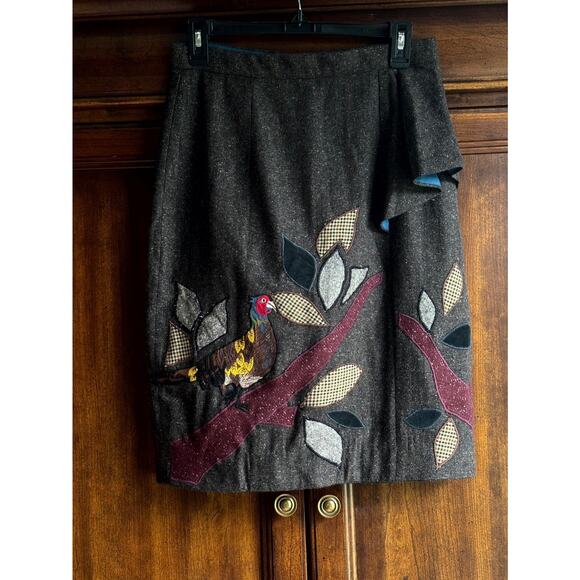 Vtg Anthropologie 6 Floreat Wool Pencil Skirt Bird Embroidered Dark Academia - Picture 4 of 13
